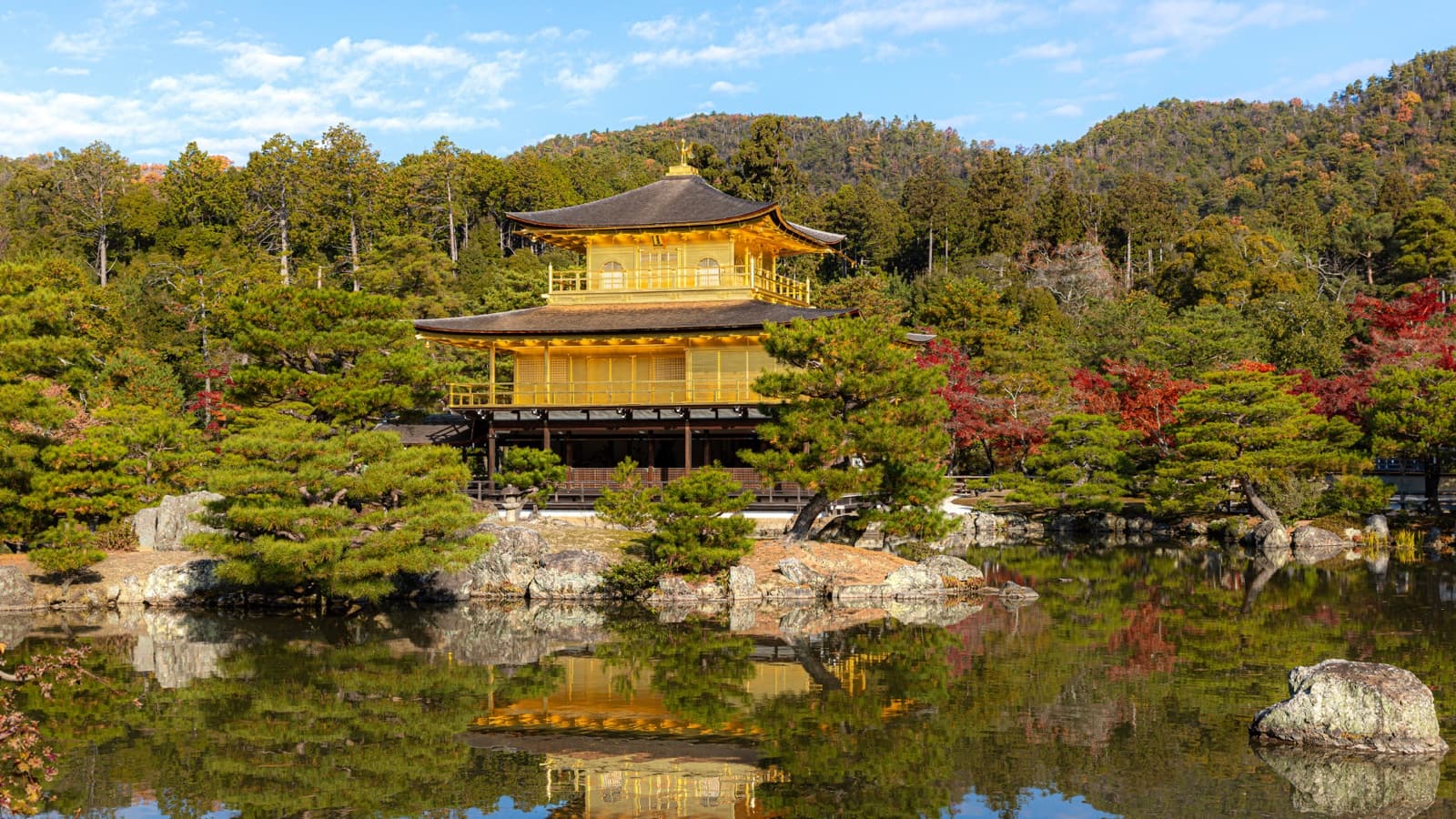Kinkaku-ji golden pavilion mirrored in a still pond in Kyoto
